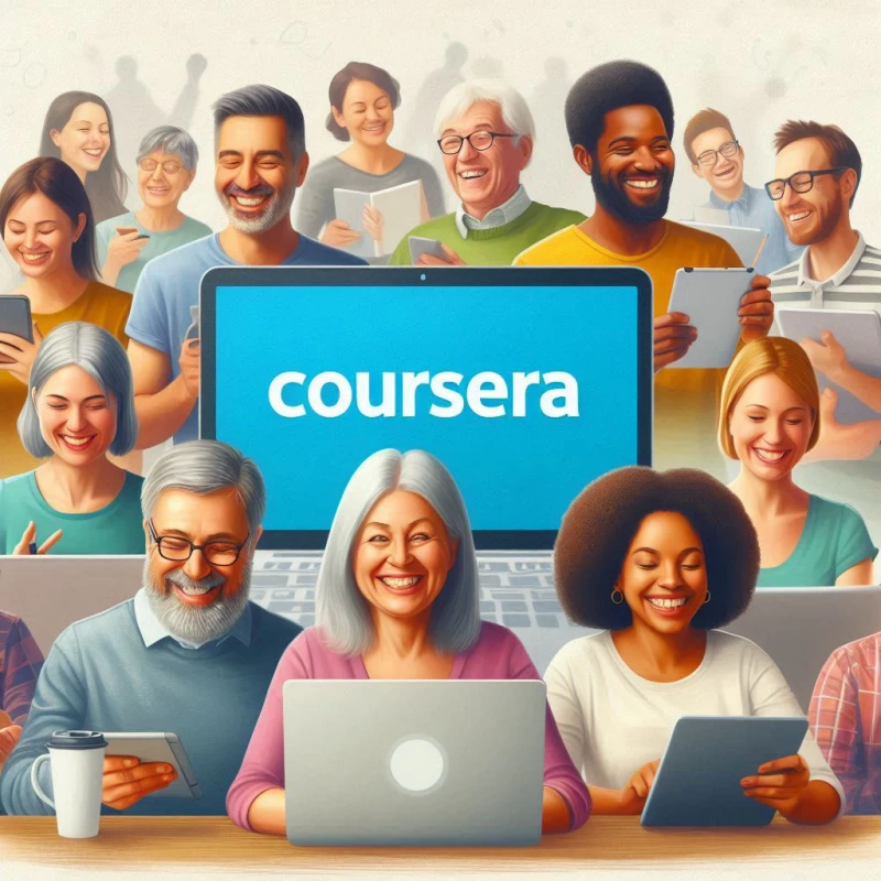 Coursera 교육 강의를 컴퓨터, 태블릿, 스마트폰으로 수강하는 모습