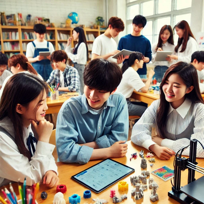 한국 교육을 받는 한국의 학생들이 함께 토론하고 협력하는 모습.