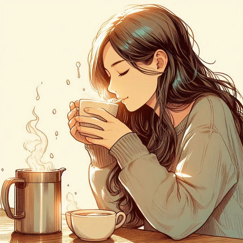따뜻한 물을 마시며 증기를 마시는 여자의 모습