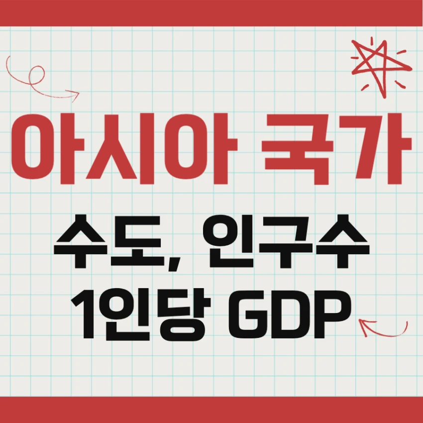 아시아 국가 이름, 아시아에 있는 나라 종류 수도 이름, 인구수, 1인당 GDP 순위