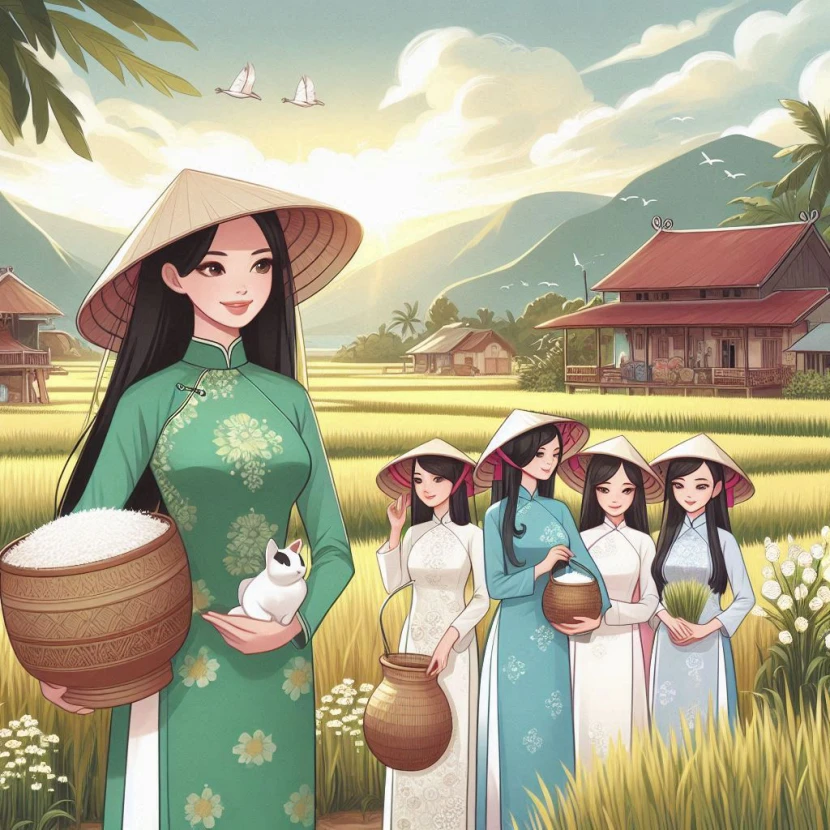베트남 전통의상을 입은 여자들의 모습
