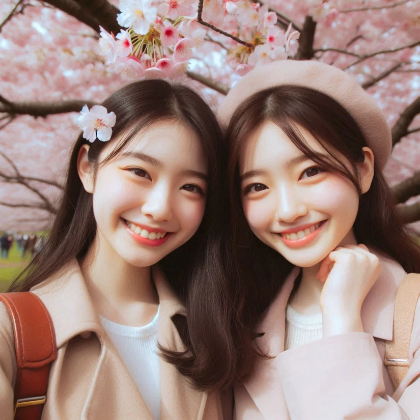 예쁜 일본 여자 두명이 벚꽃 아래에서 환하게 웃는 모습