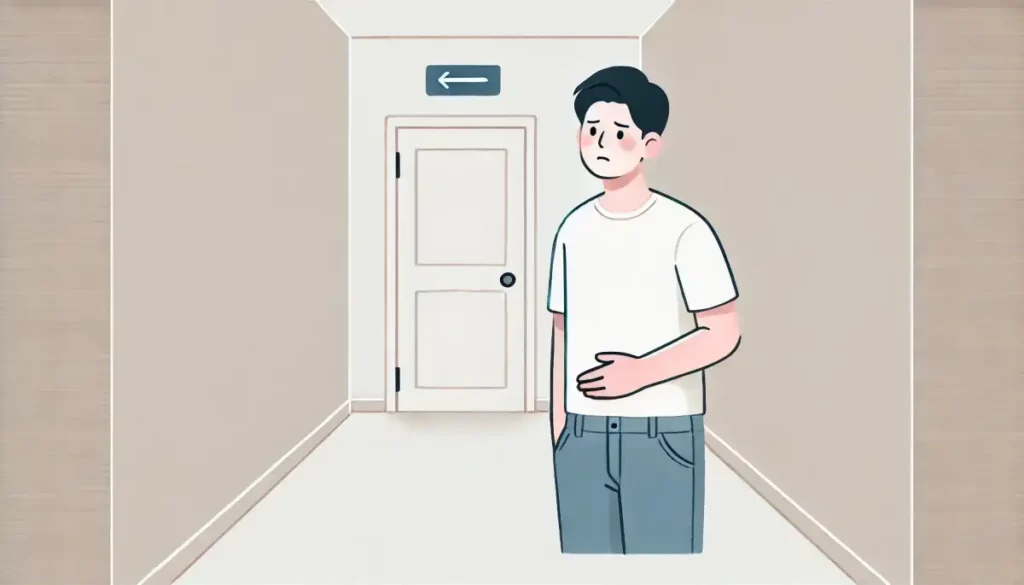 설사를 할 것 같아서 화장실 앞에 서있는 남자