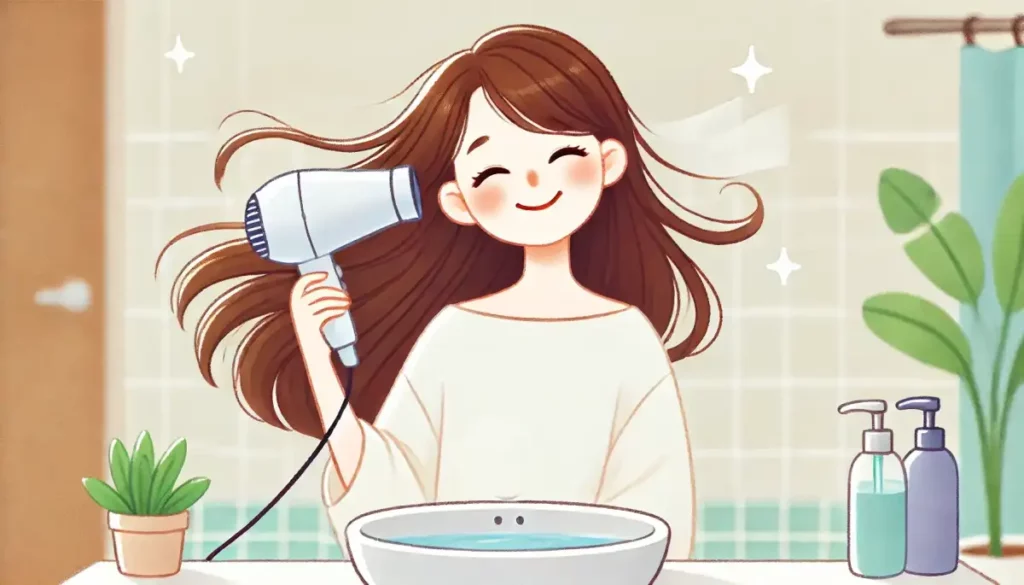 드라이기 바람으로 머리를 말리며 미소짓는 여자