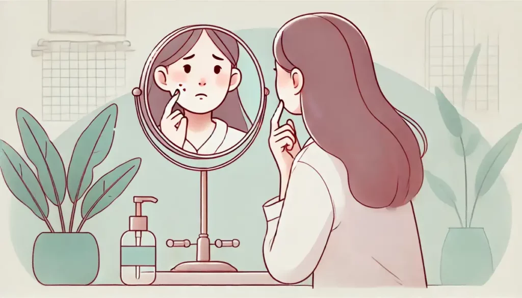 거울을 보면서 얼굴에 난 여드름을 확인하는 여자가 우울해한다