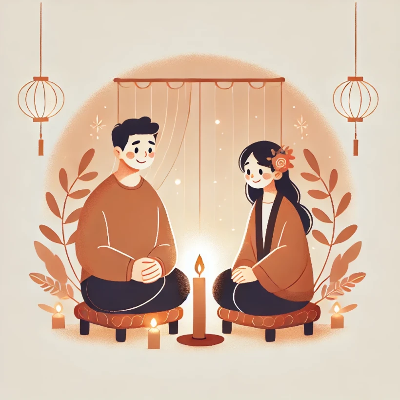 천덕귀인 남자 여자의 온화한 미소