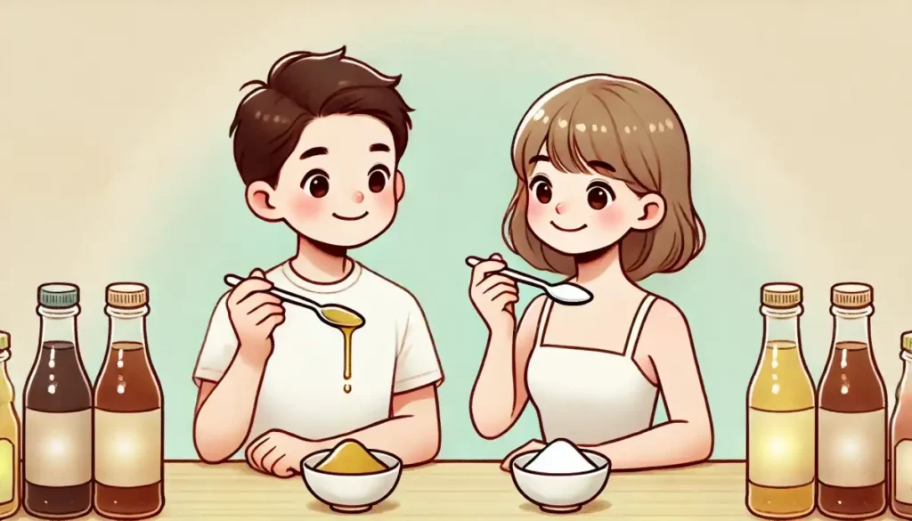 꿀과 알룰로스를 비교하는 남자와 여자