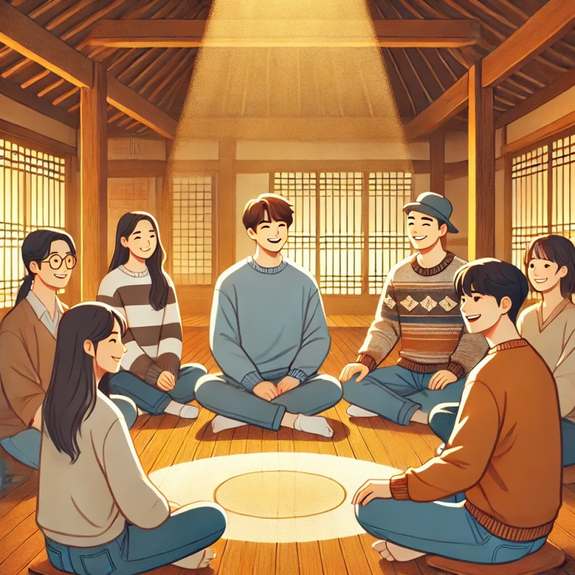 여러 사람이 둘러앉아서 화기애애하게 이야기 나누는 모습