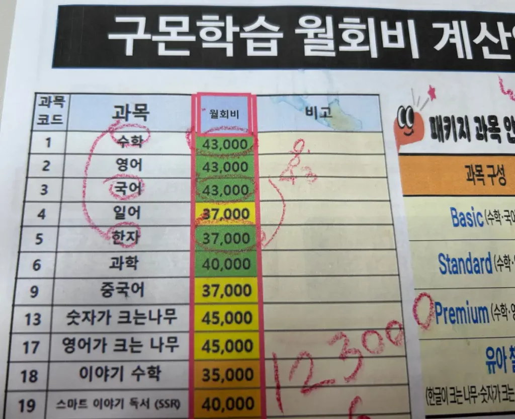 구몬 수학 학습 월회비 계산표
