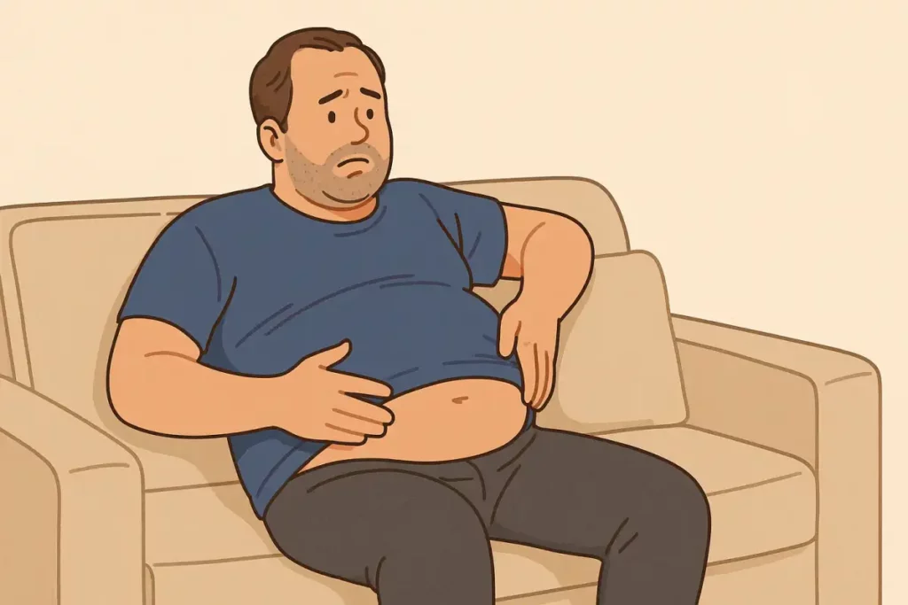 뱃살이 나온 남자가 소파에 앉아있다