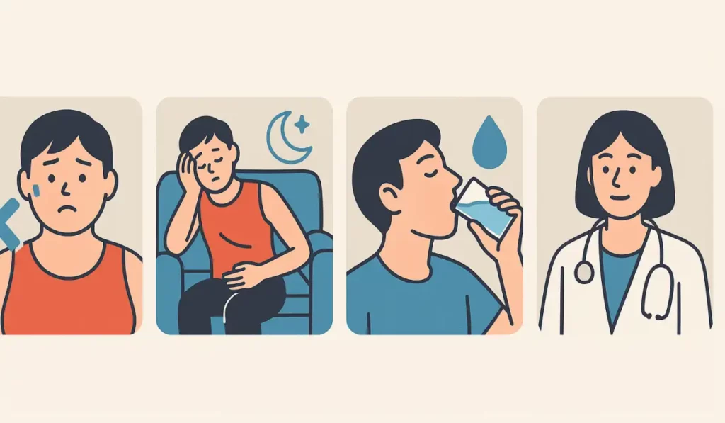 운동을 중단하고 휴식을 취하며 물을 마시는 남자