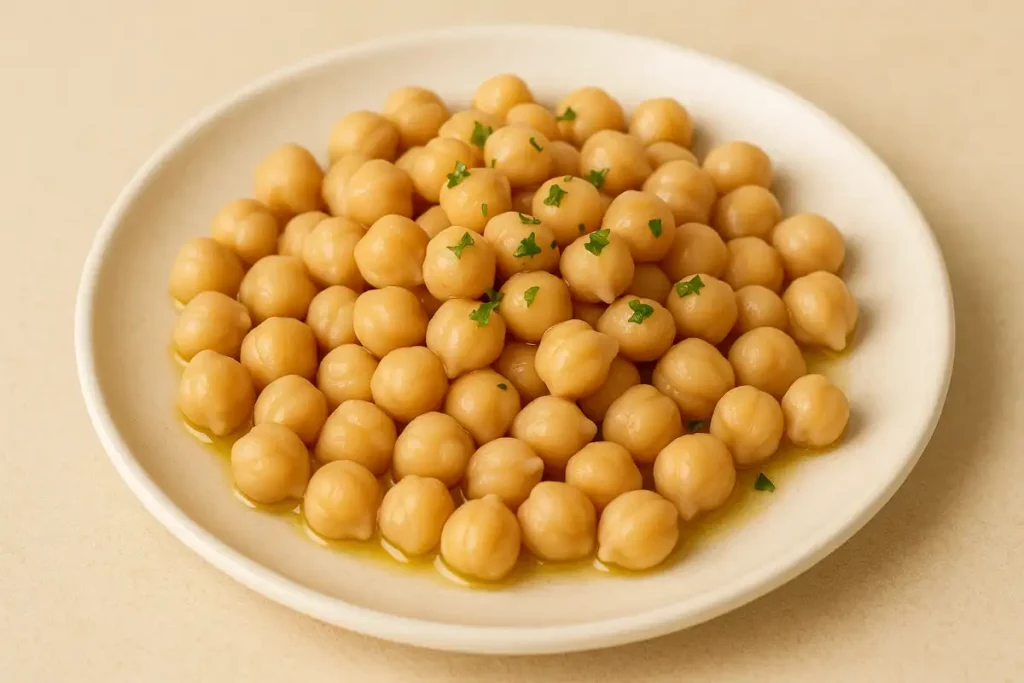 삶은 병아리콩이 접시에 담겨있다