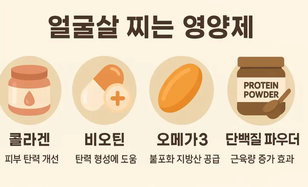 얼굴살 찌는 영양제 종류 콜라겐 비오틴 오메가3, 단백질 파우더가 나열