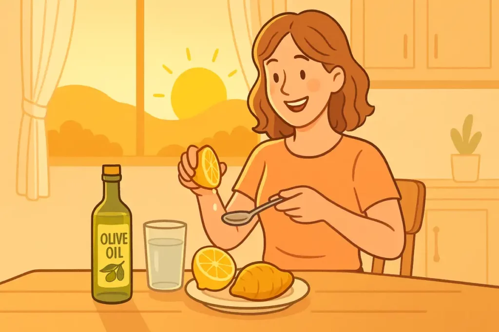아침에 올리브오일과 레몬즙을 마시는 여자