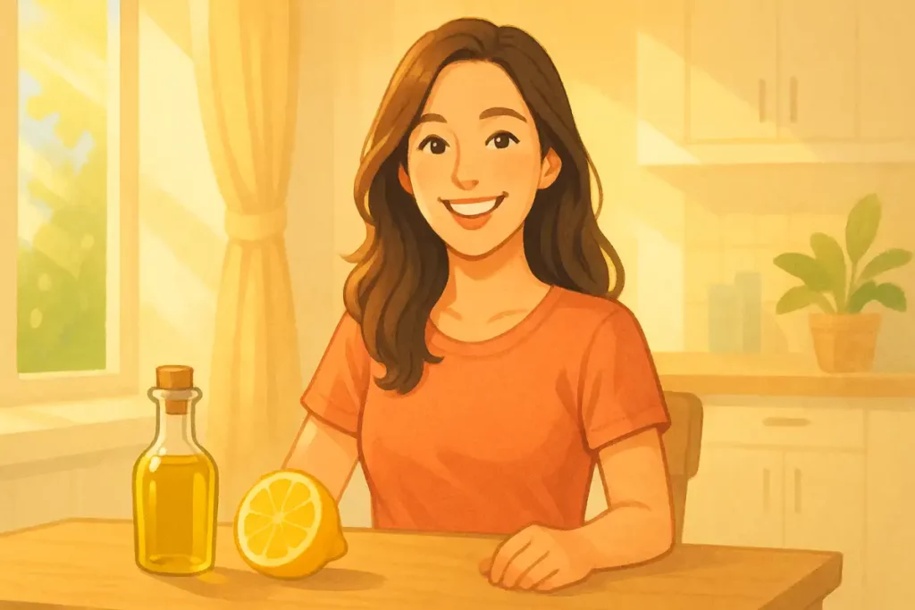 올리브오일과 레몬이 놓인 테이블 앞에 앉은 여성