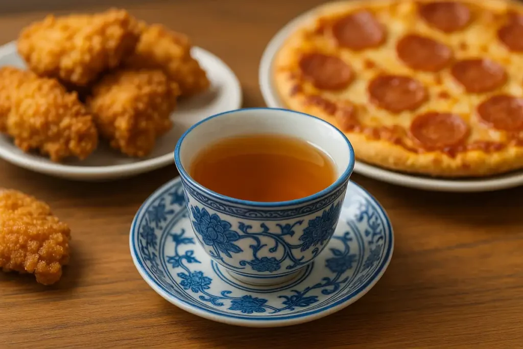 피자 치킨 앞에 놓인 우롱차