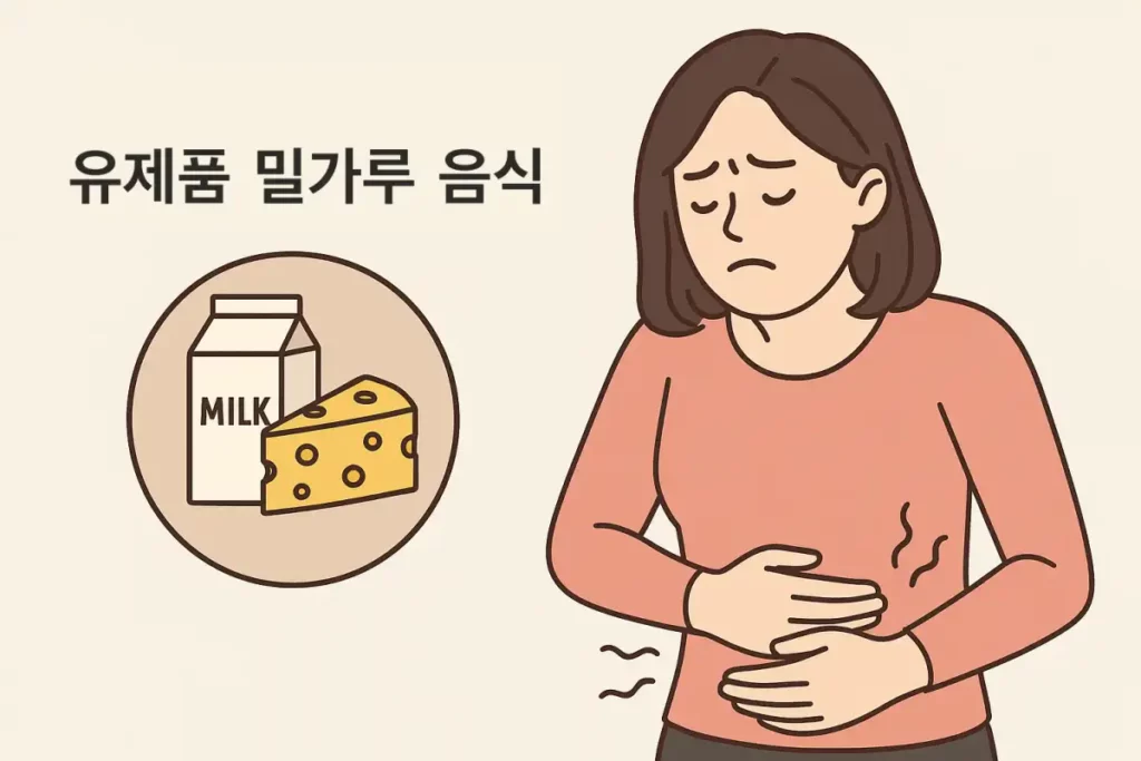 유재품 밀가루 음식으로 윗배가 더부룩한 여자