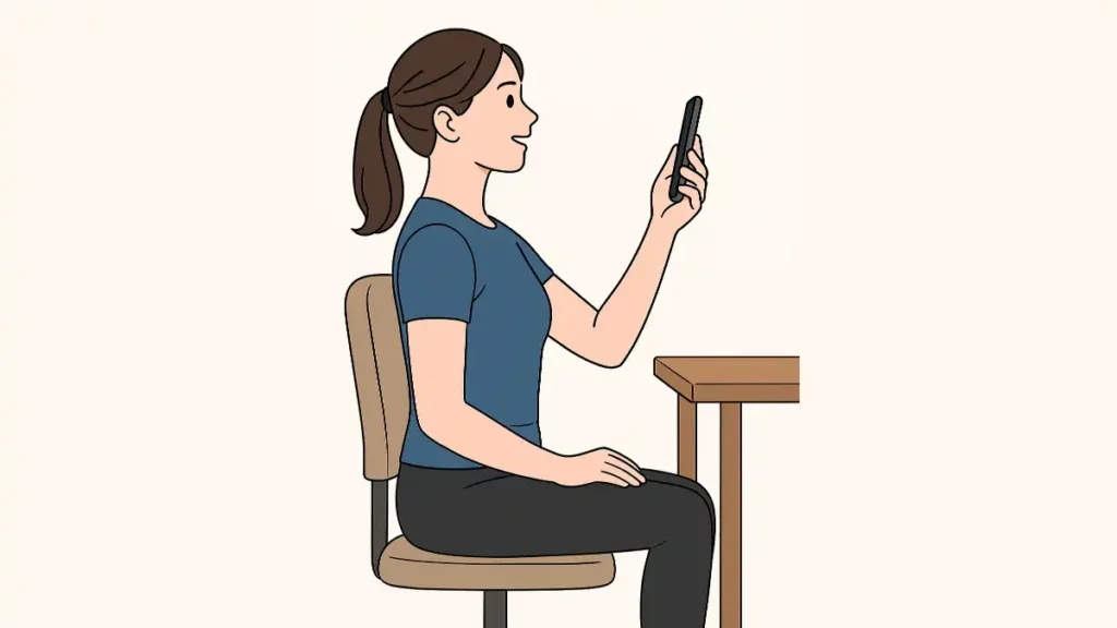 바른 자세로 앉아서 스마트폰을 눈높이에서 보는 여자