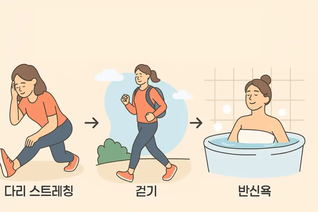 다리 스트레칭, 걷기, 반신욕을 차례대로 하는 여자