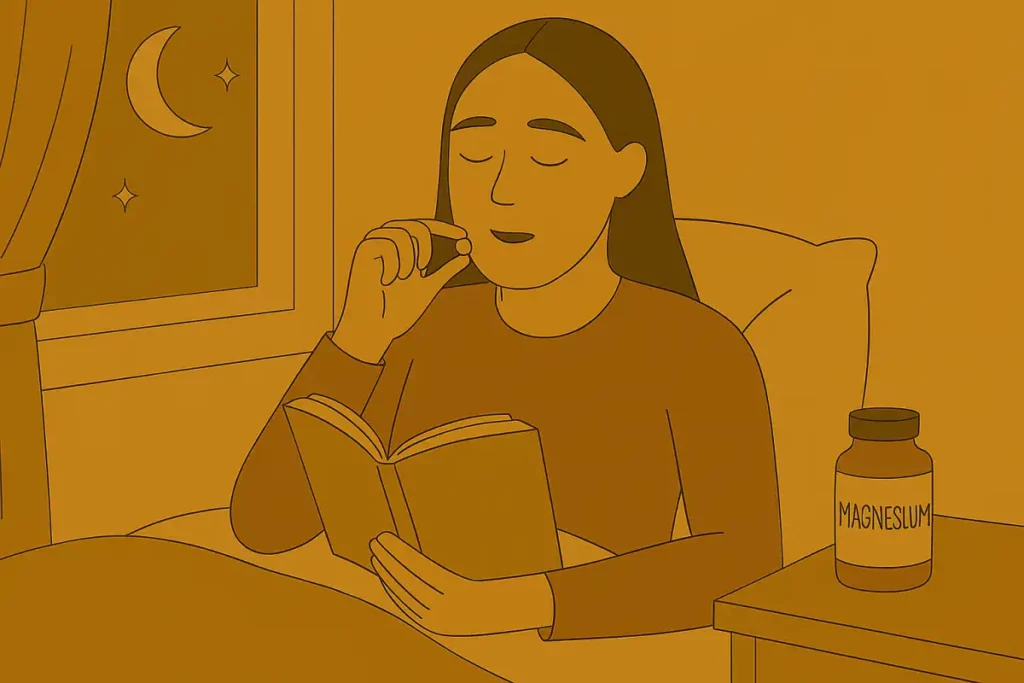 저녁에 마그네슘 영양제를 먹으며 침대에서 독서하는 여자