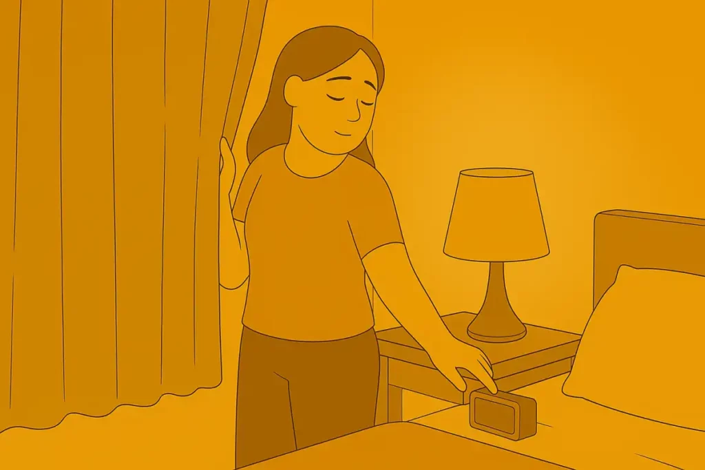 암막 커튼을 치고 전자기기를 끄는 여자
