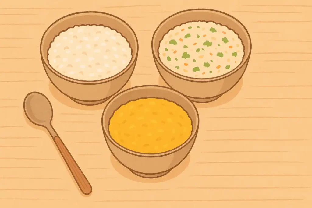 쌀죽 야체죽 단호박죽이 모여있는 있다