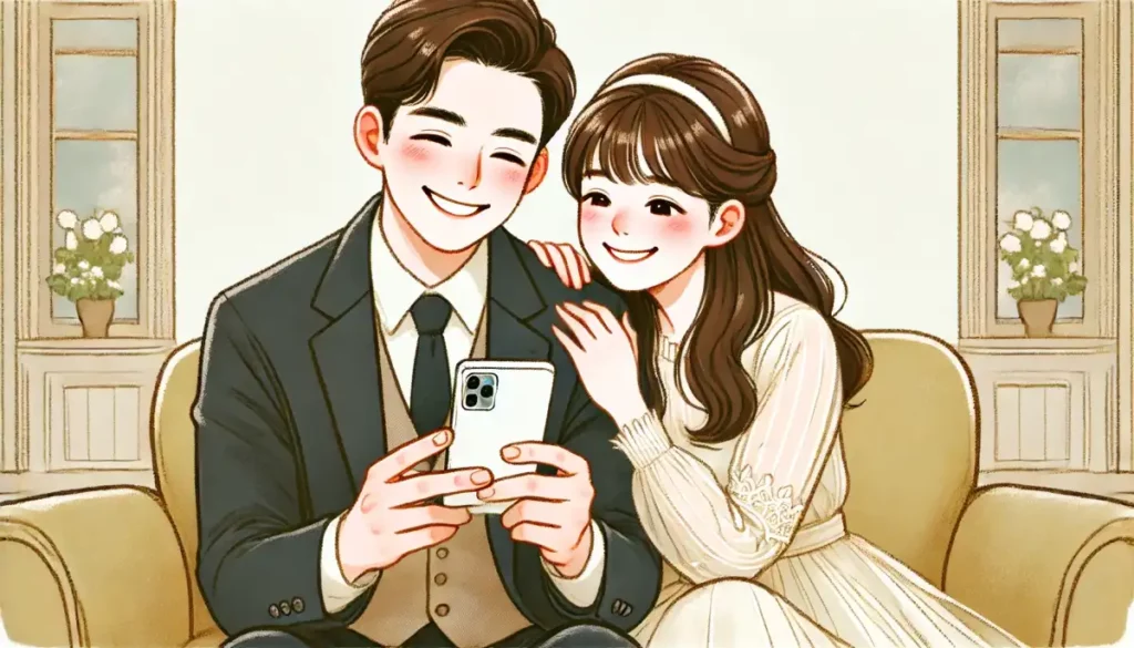 감사 인사 문자를 함께 보내는 신혼부부