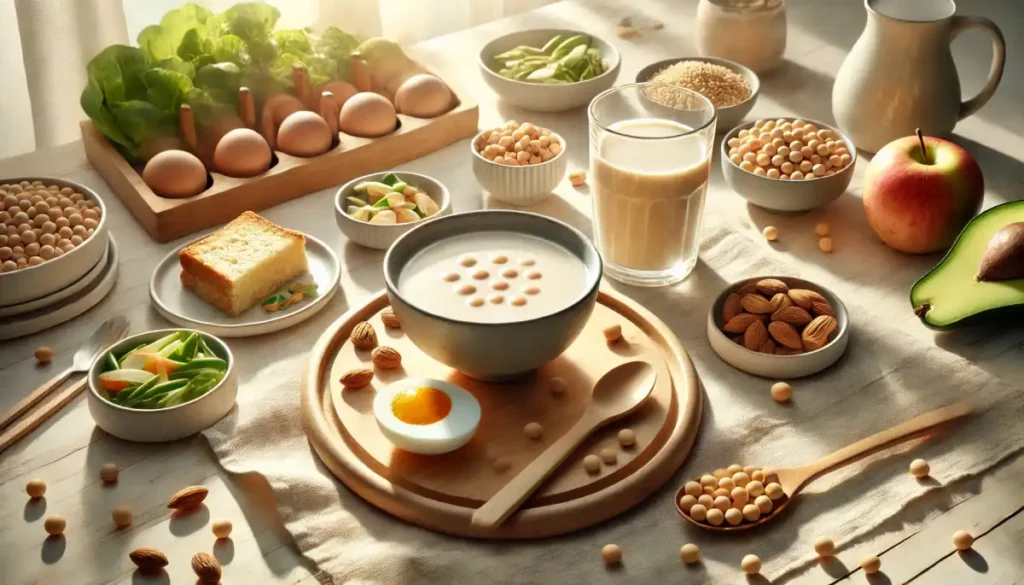 콩국물과 함께 차려진 건강한 아침 식사 메뉴