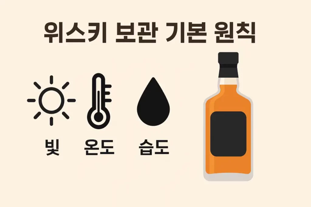 위스키 보관 기본 원칙 빛, 온도, 습도 아이콘